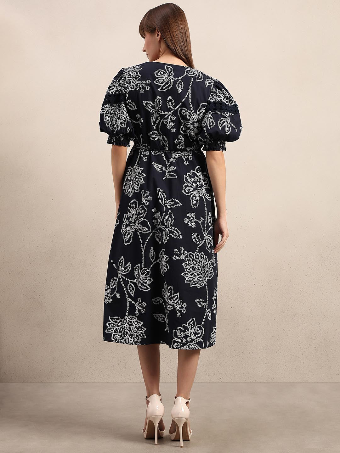 Navy Blue Printed Midi Dress