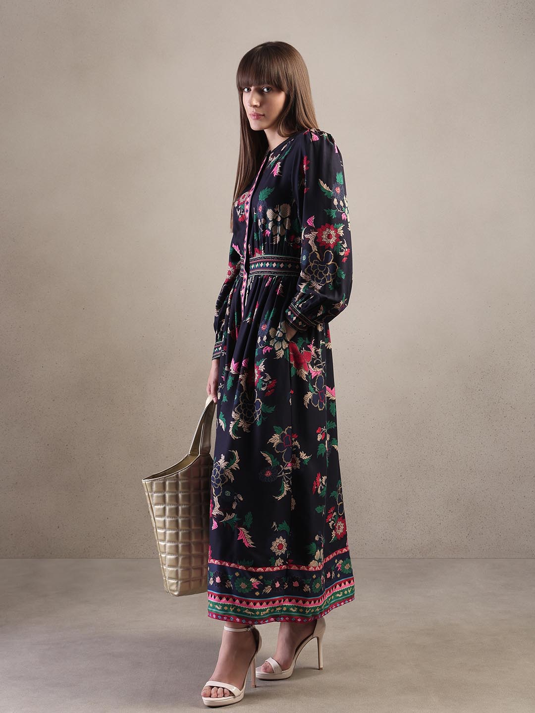 Navy Blue Printed Midaxi Dress