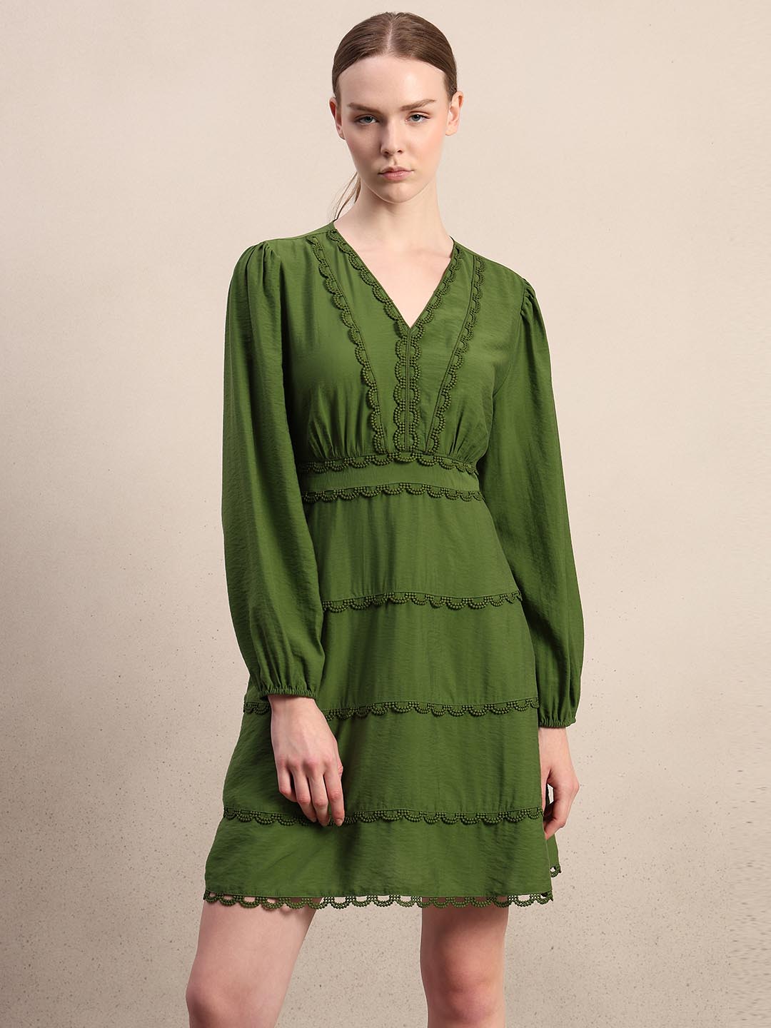 Green Lace Detail Mini Dress