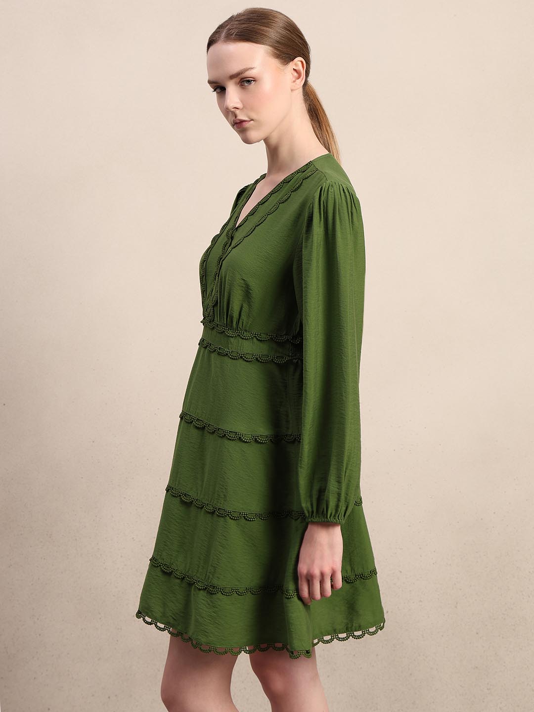 Green Lace Detail Mini Dress