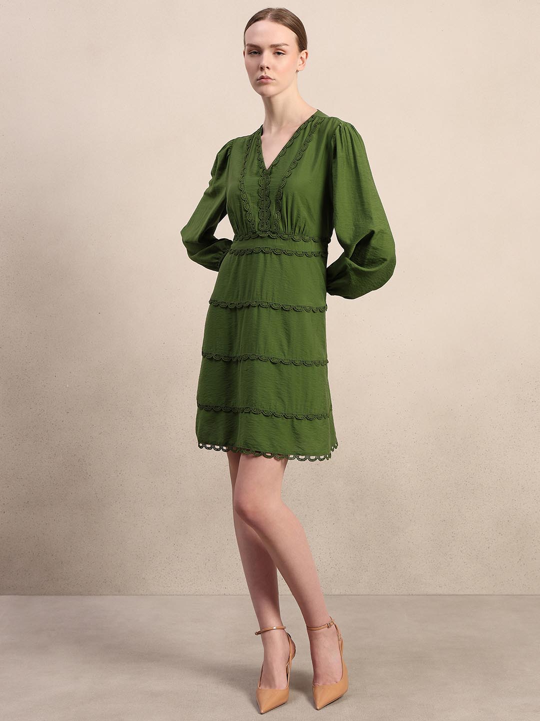 Green Lace Detail Mini Dress