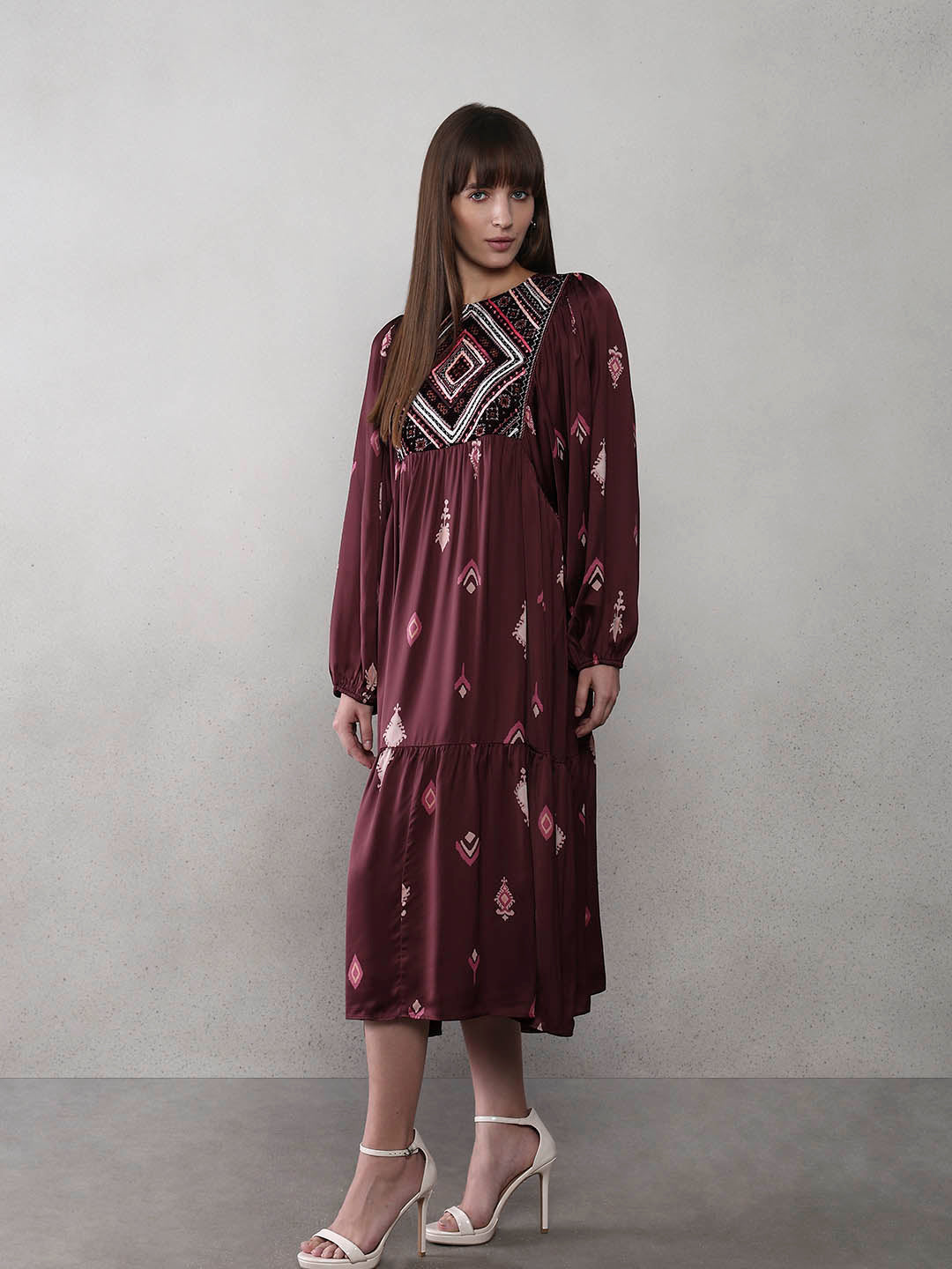 Embroidered Printed Midi Dress