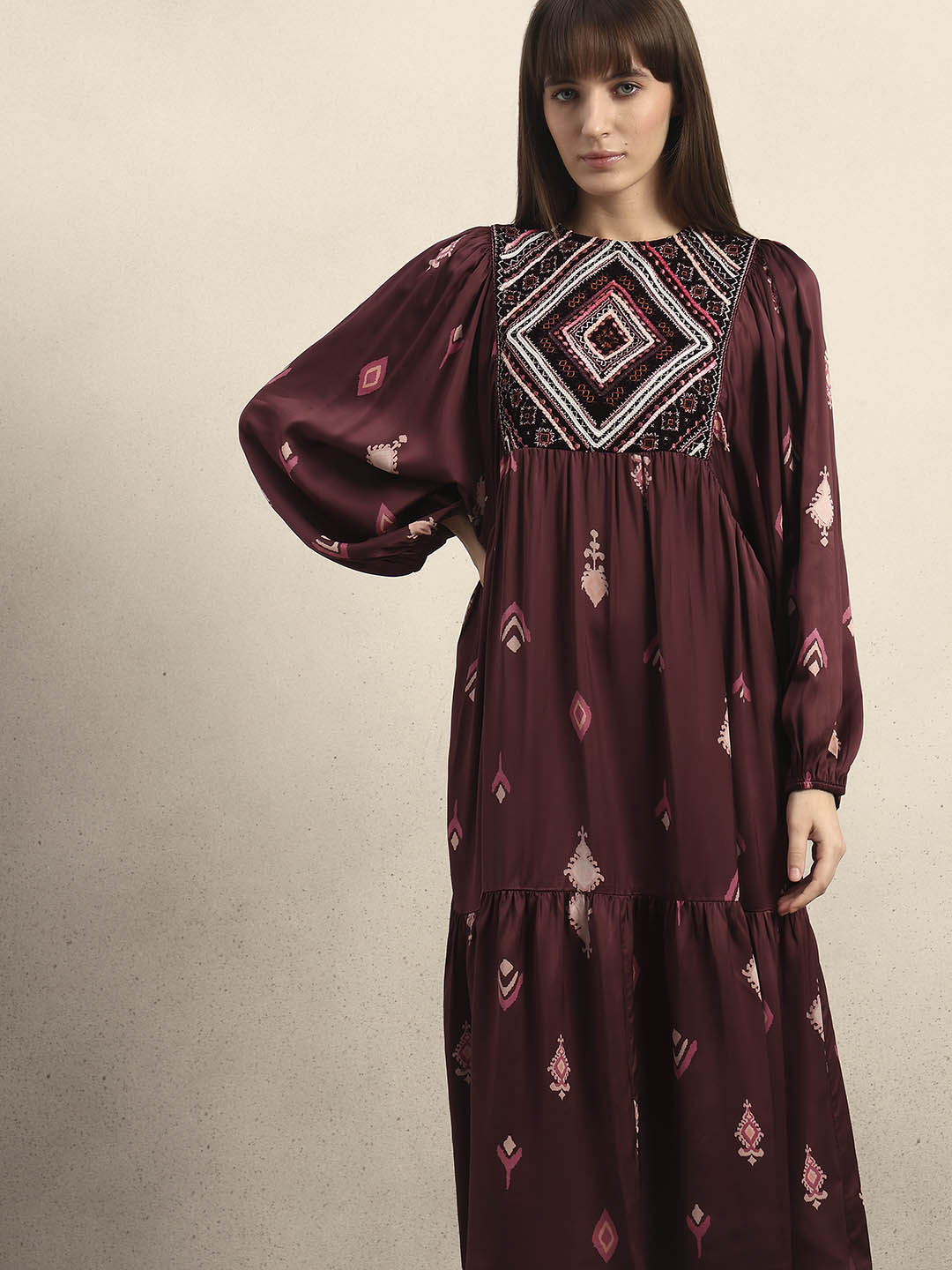 Embroidered Printed Midi Dress