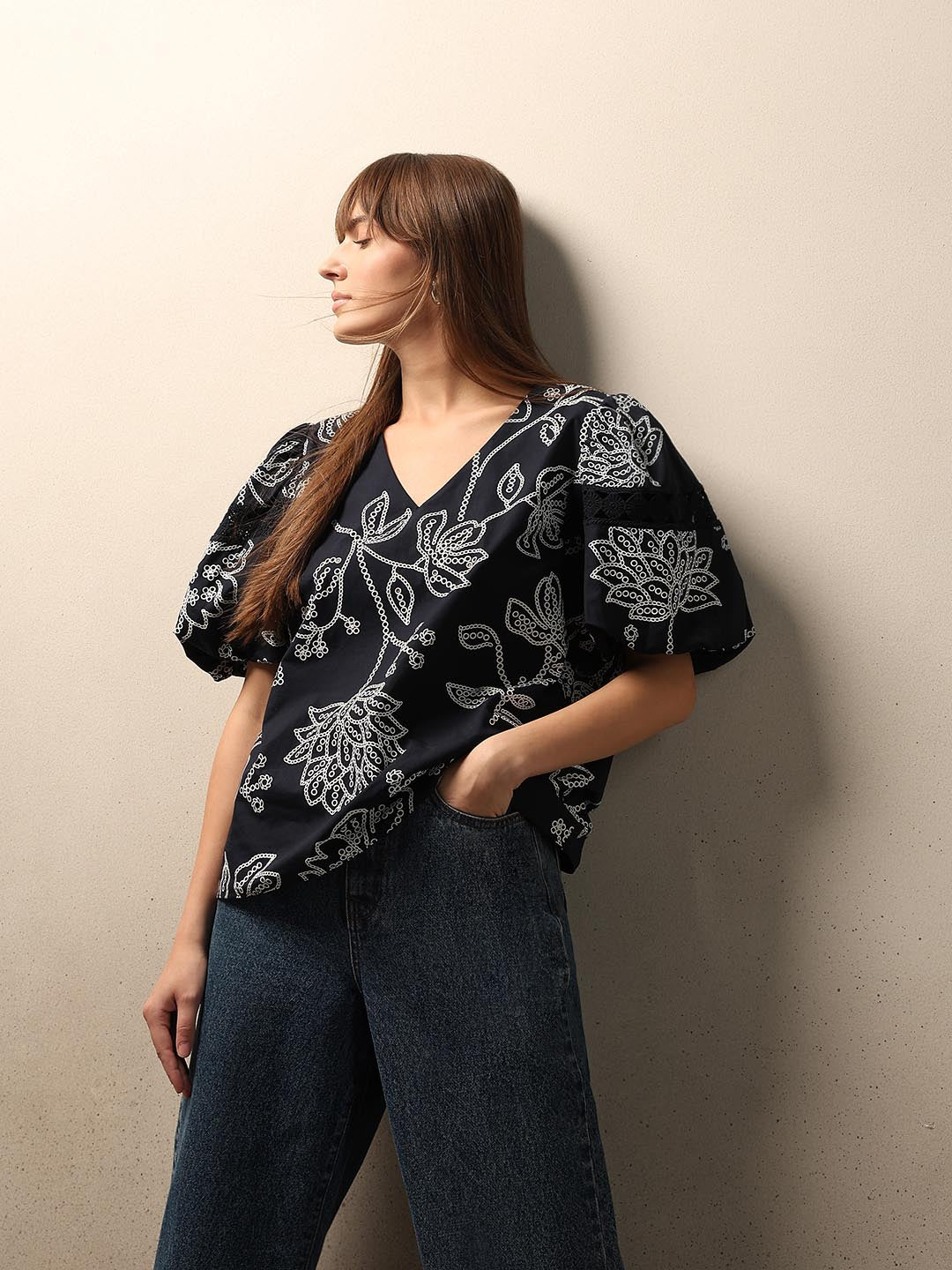 Navy Blue Printed Puff Sleeves Top