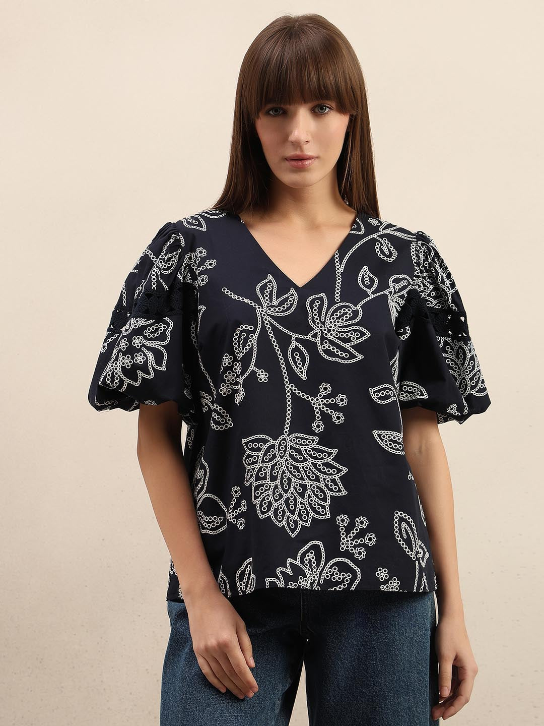 Navy Blue Printed Puff Sleeves Top