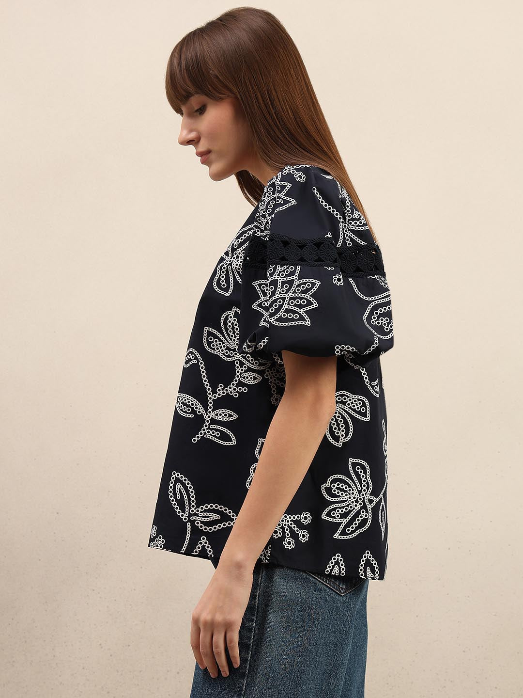 Navy Blue Printed Puff Sleeves Top