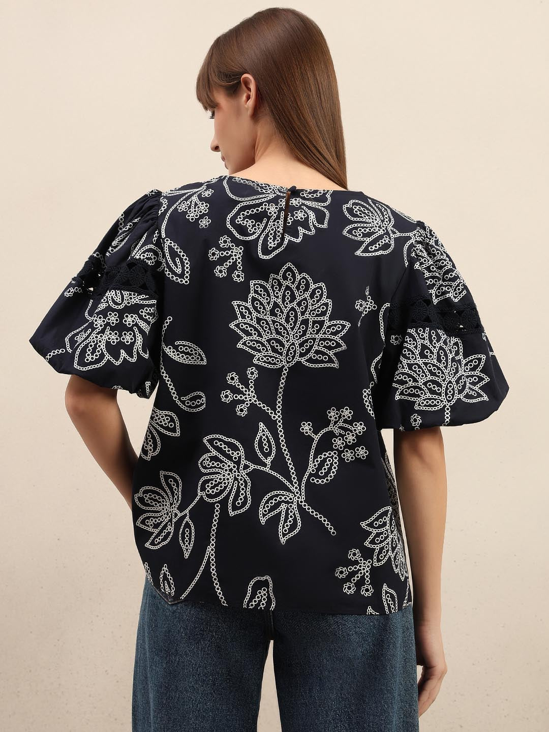 Navy Blue Printed Puff Sleeves Top
