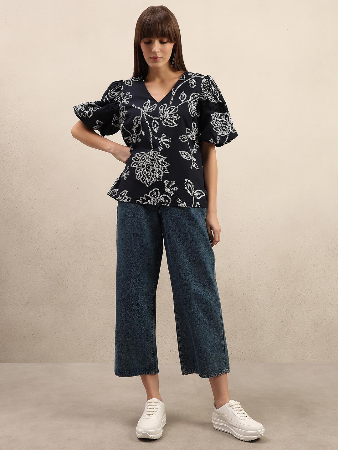 Navy Blue Printed Puff Sleeves Top