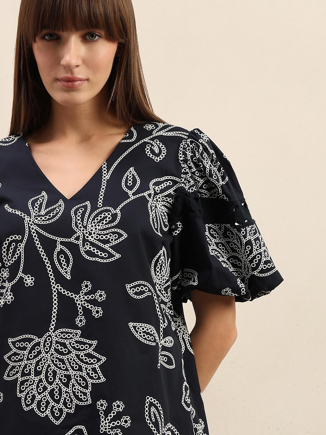 Navy Blue Printed Puff Sleeves Top