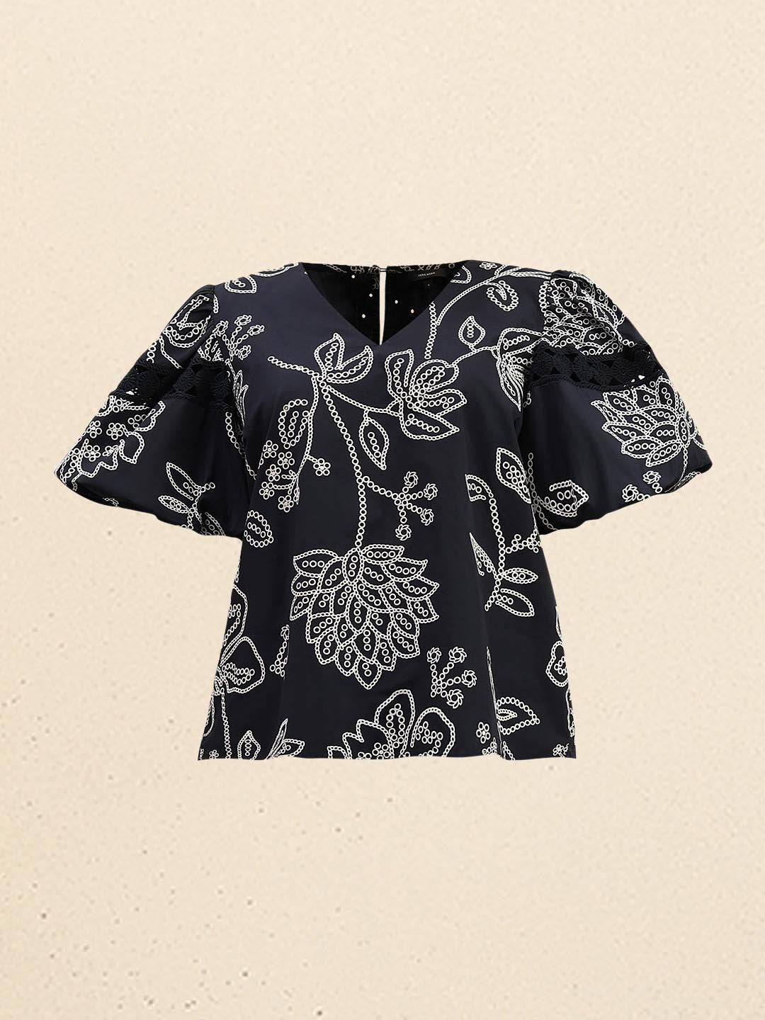 Navy Blue Printed Puff Sleeves Top