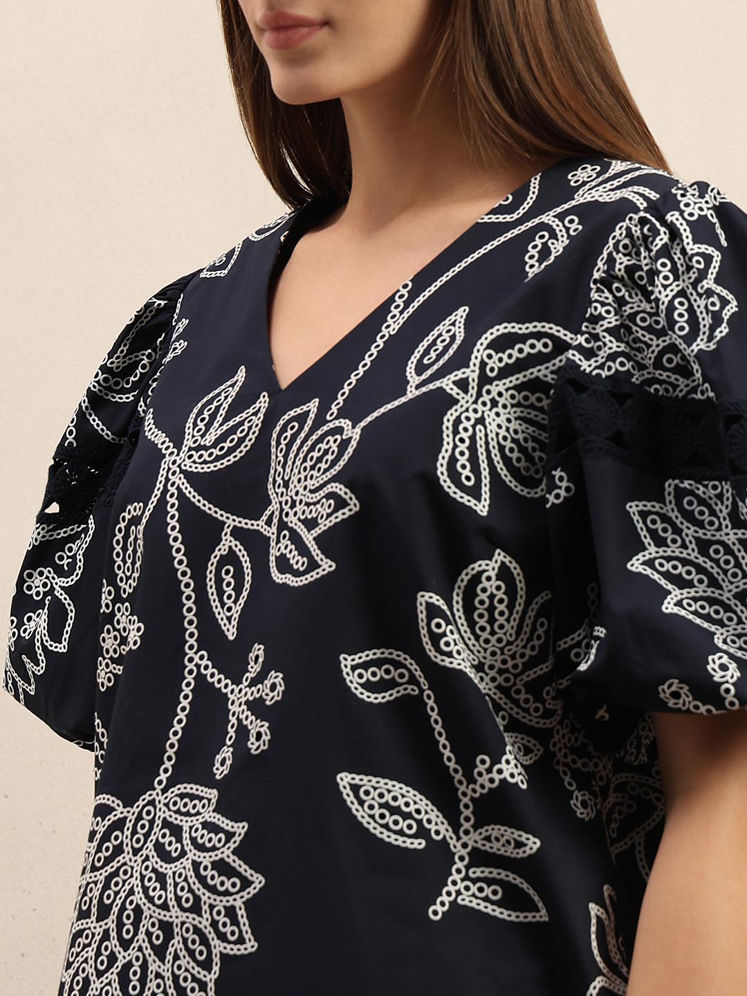 Navy Blue Printed Puff Sleeves Top