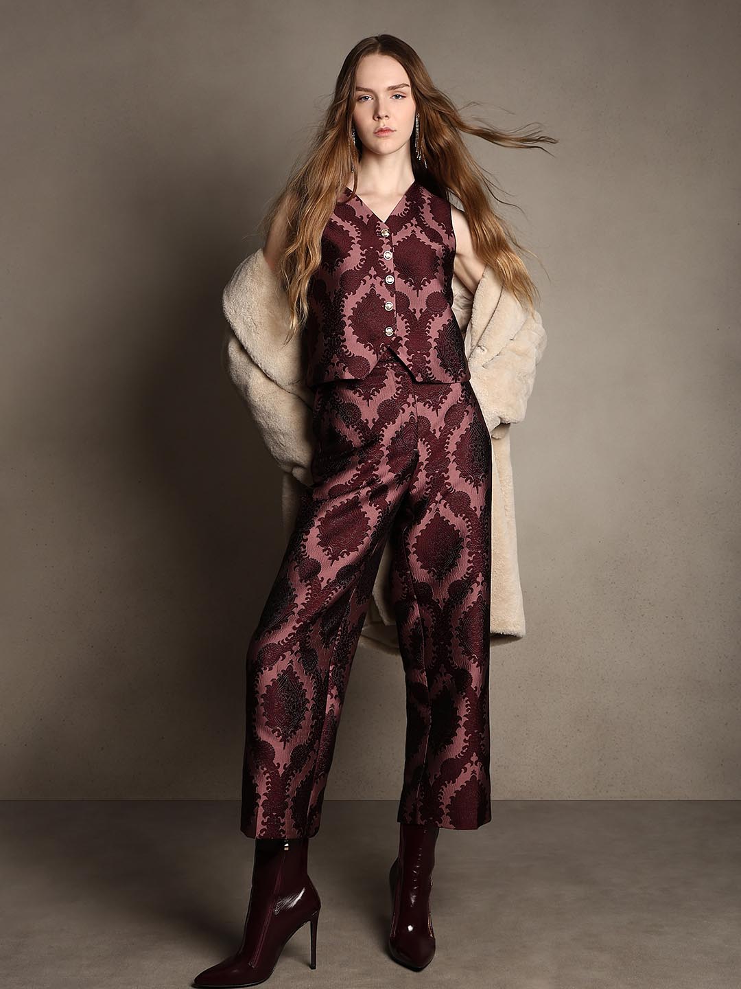 Red Printed Straight Fit Pants