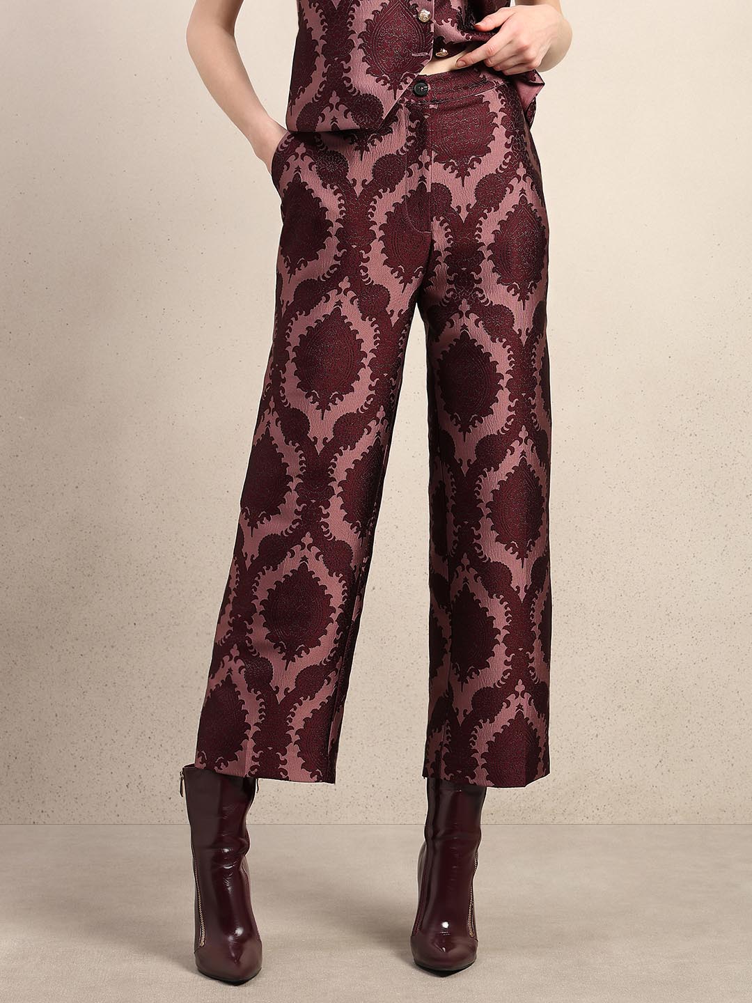 Red Printed Straight Fit Pants
