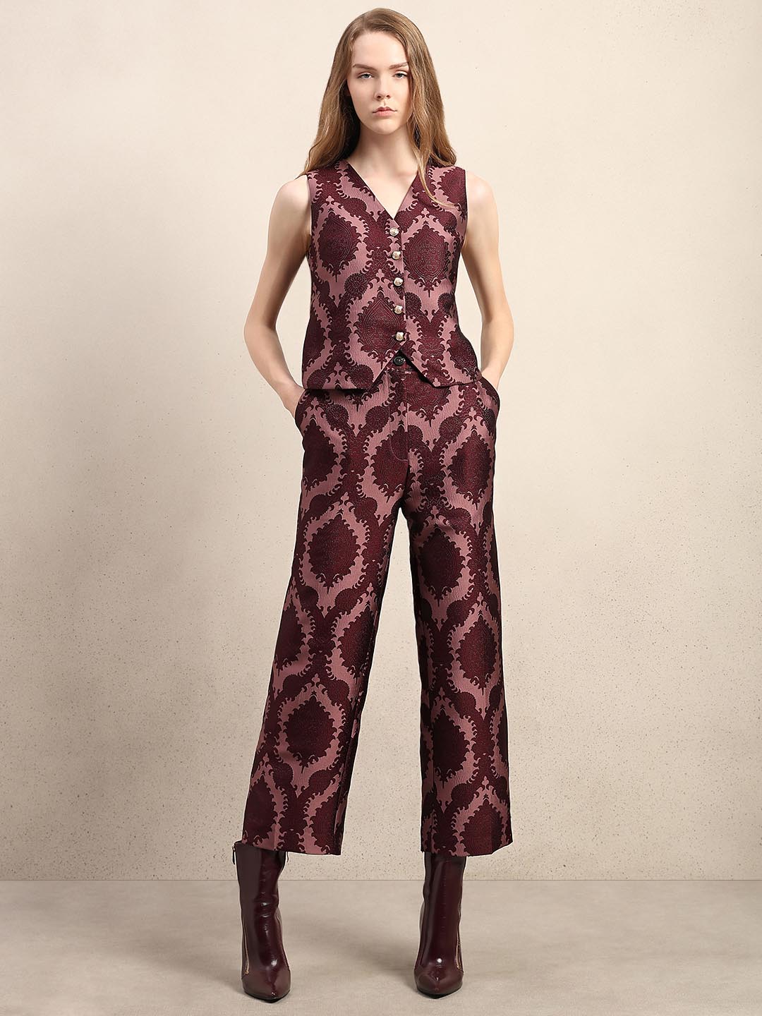 Red Printed Straight Fit Pants