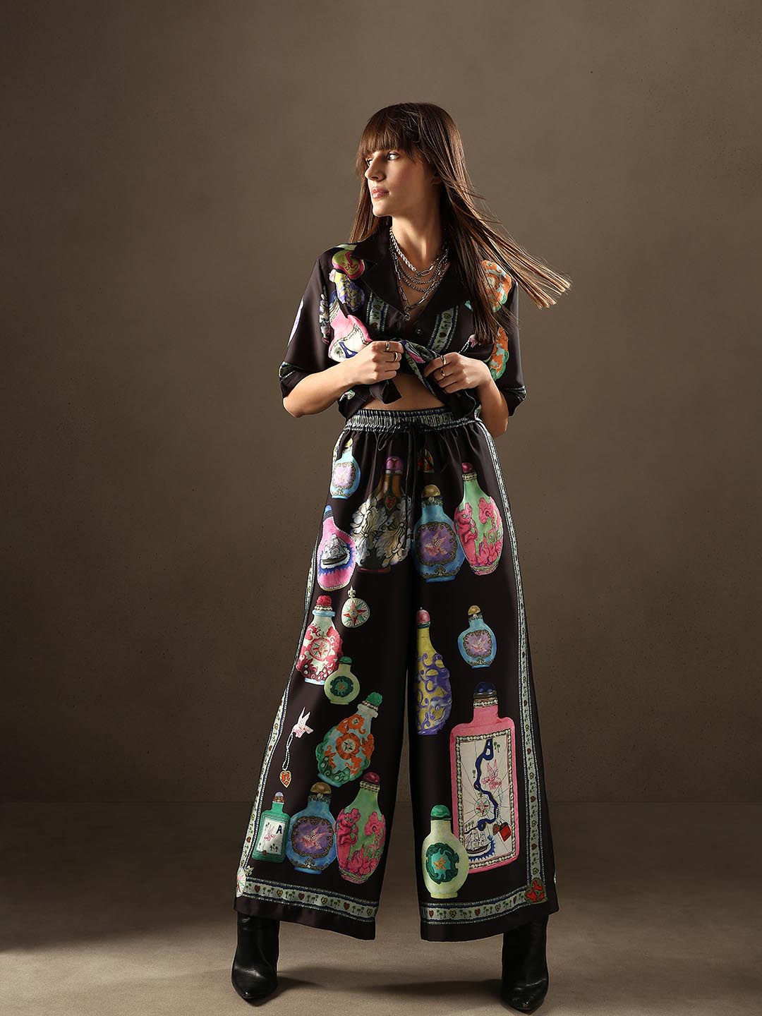 Black Printed Wide Leg Pants