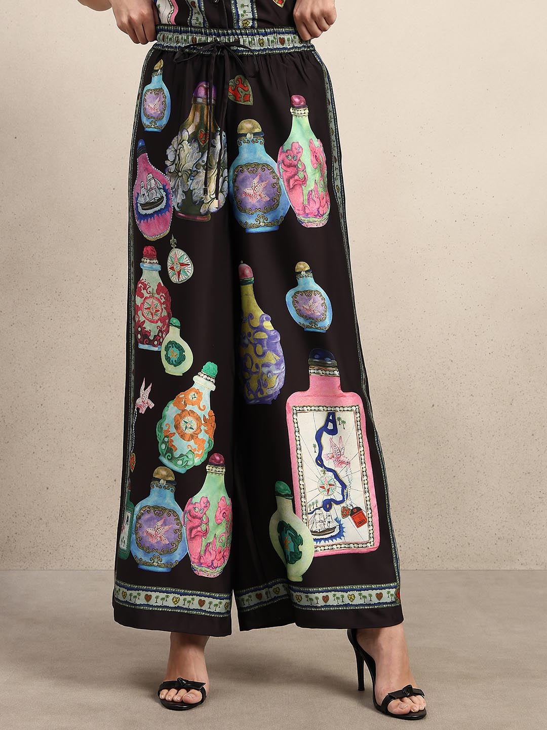 Black Printed Wide Leg Pants