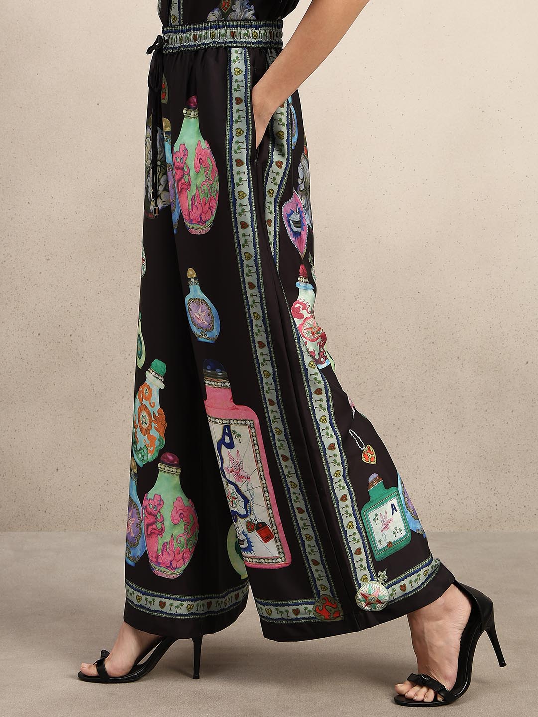 Black Printed Wide Leg Pants