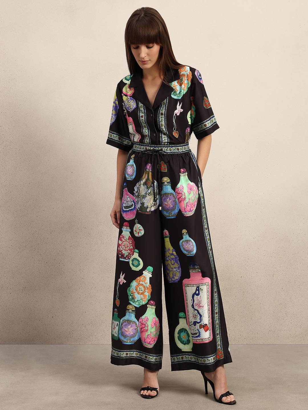 Black Printed Wide Leg Pants