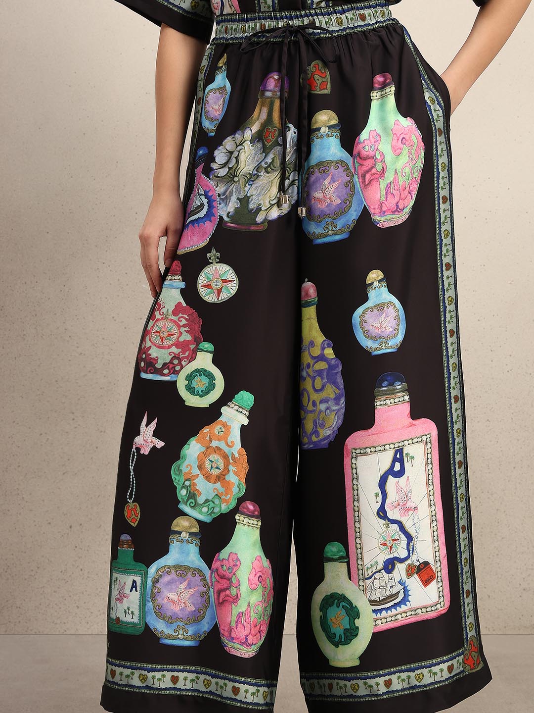 Black Printed Wide Leg Pants