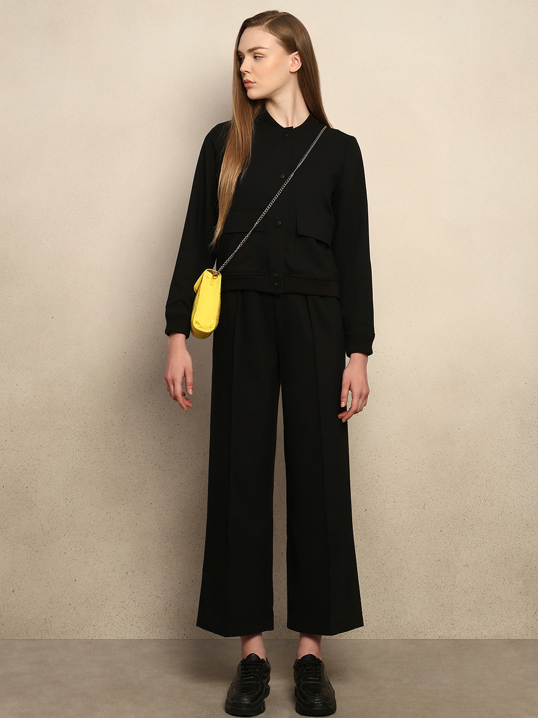 Wide Leg Elastic Waist Pants - Black