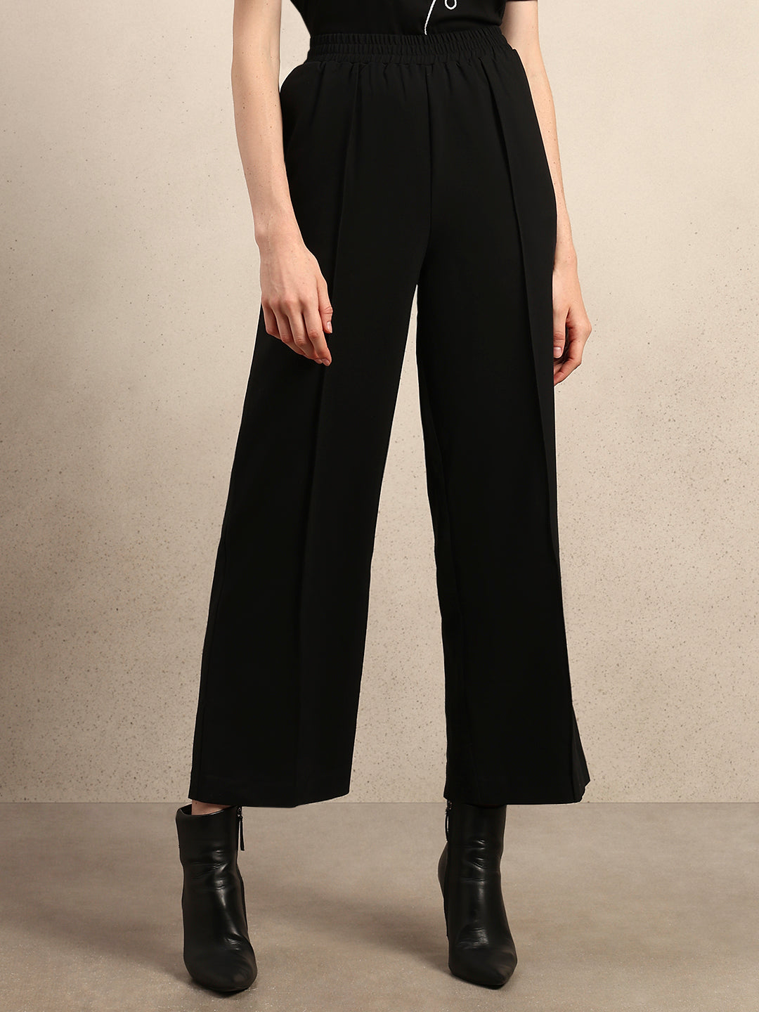 Wide Leg Elastic Waist Pants - Black