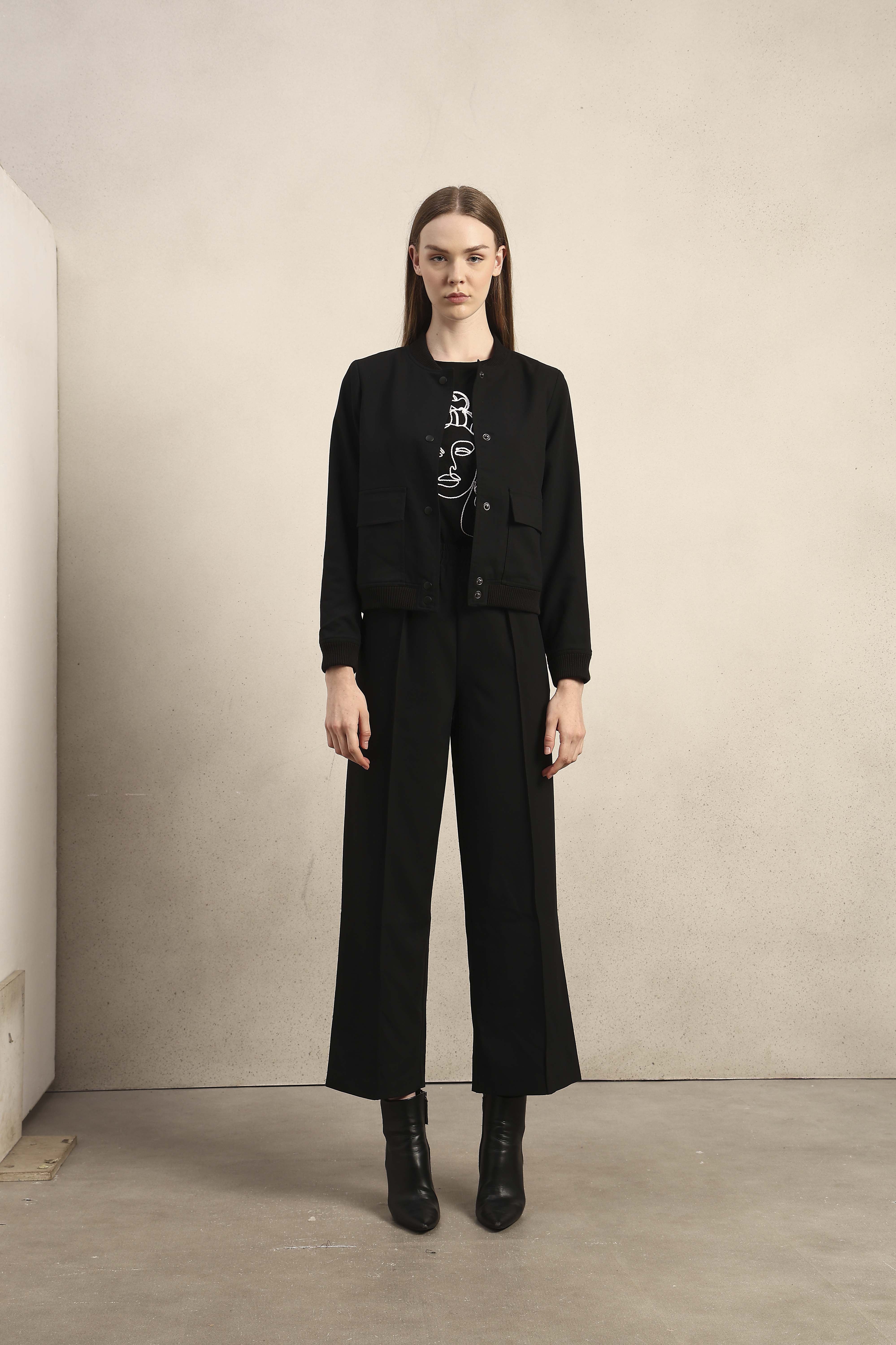 Wide Leg Elastic Waist Pants - Black