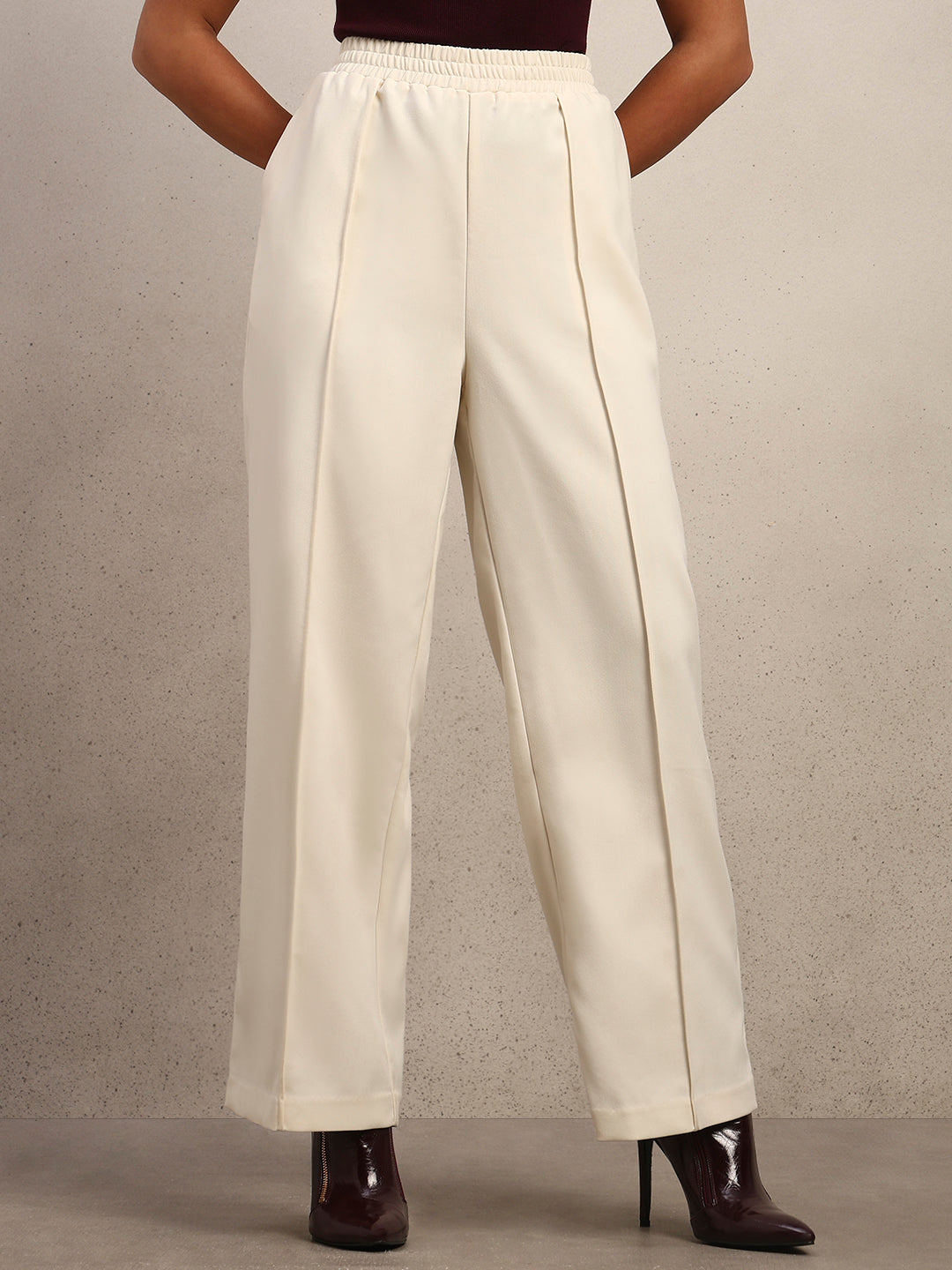 Wide Leg Elastic Waist Pants - Off-White