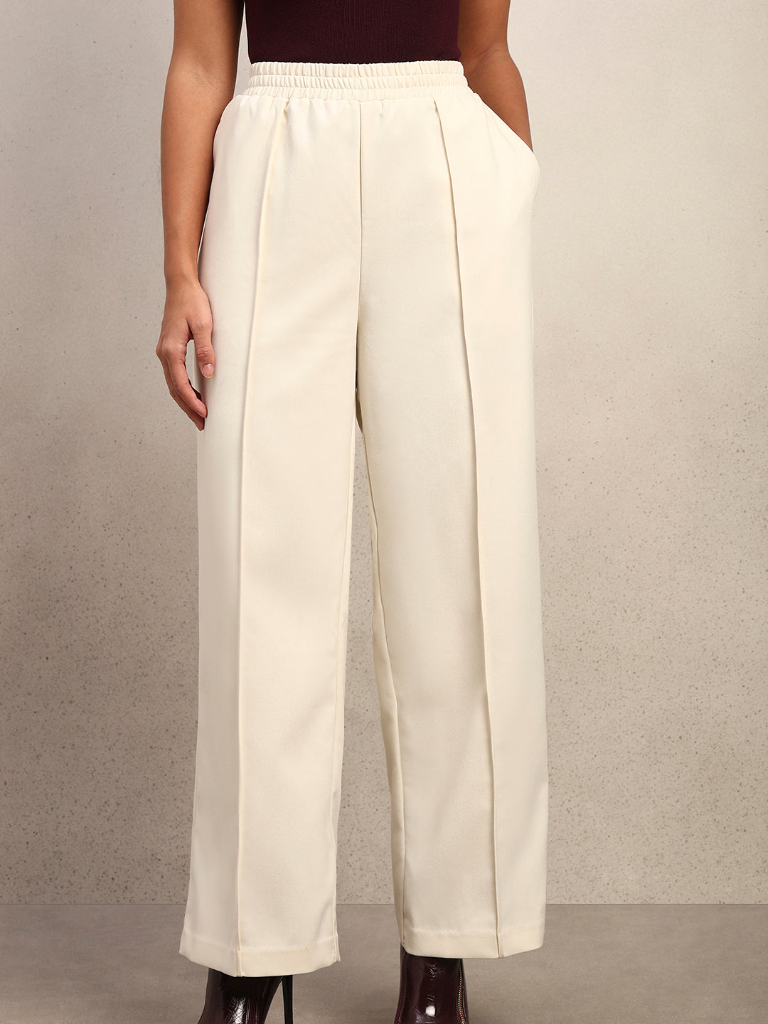 Wide Leg Elastic Waist Pants - Off-White