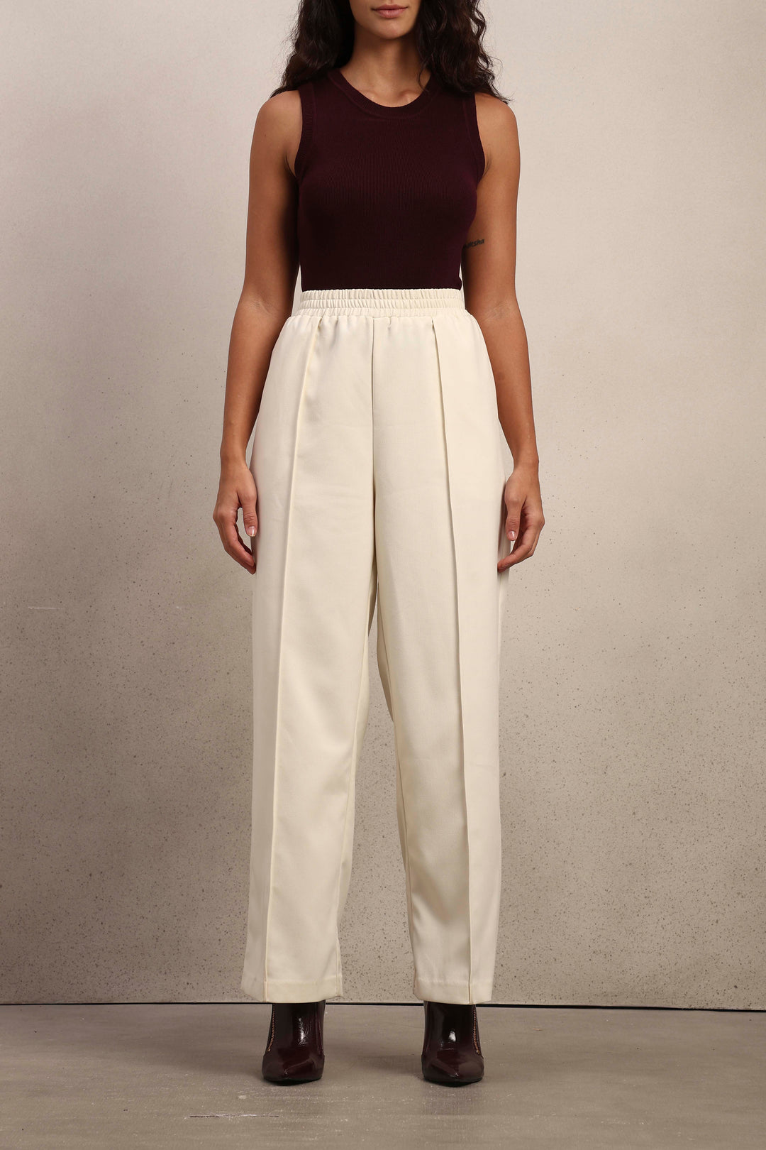 Wide Leg Elastic Waist Pants - Off-White