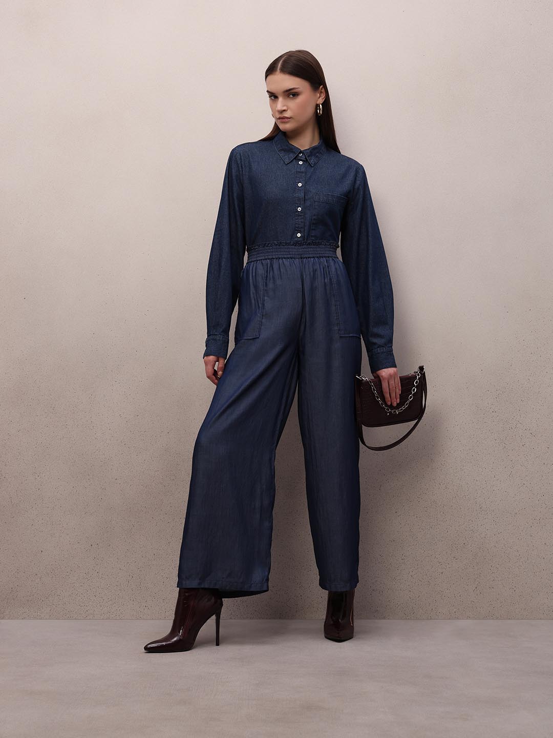 Blue High Rise Straight Fit Pants