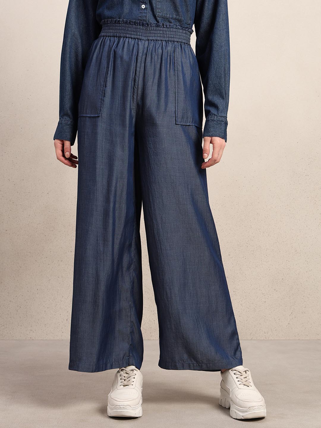 Blue High Rise Straight Fit Pants
