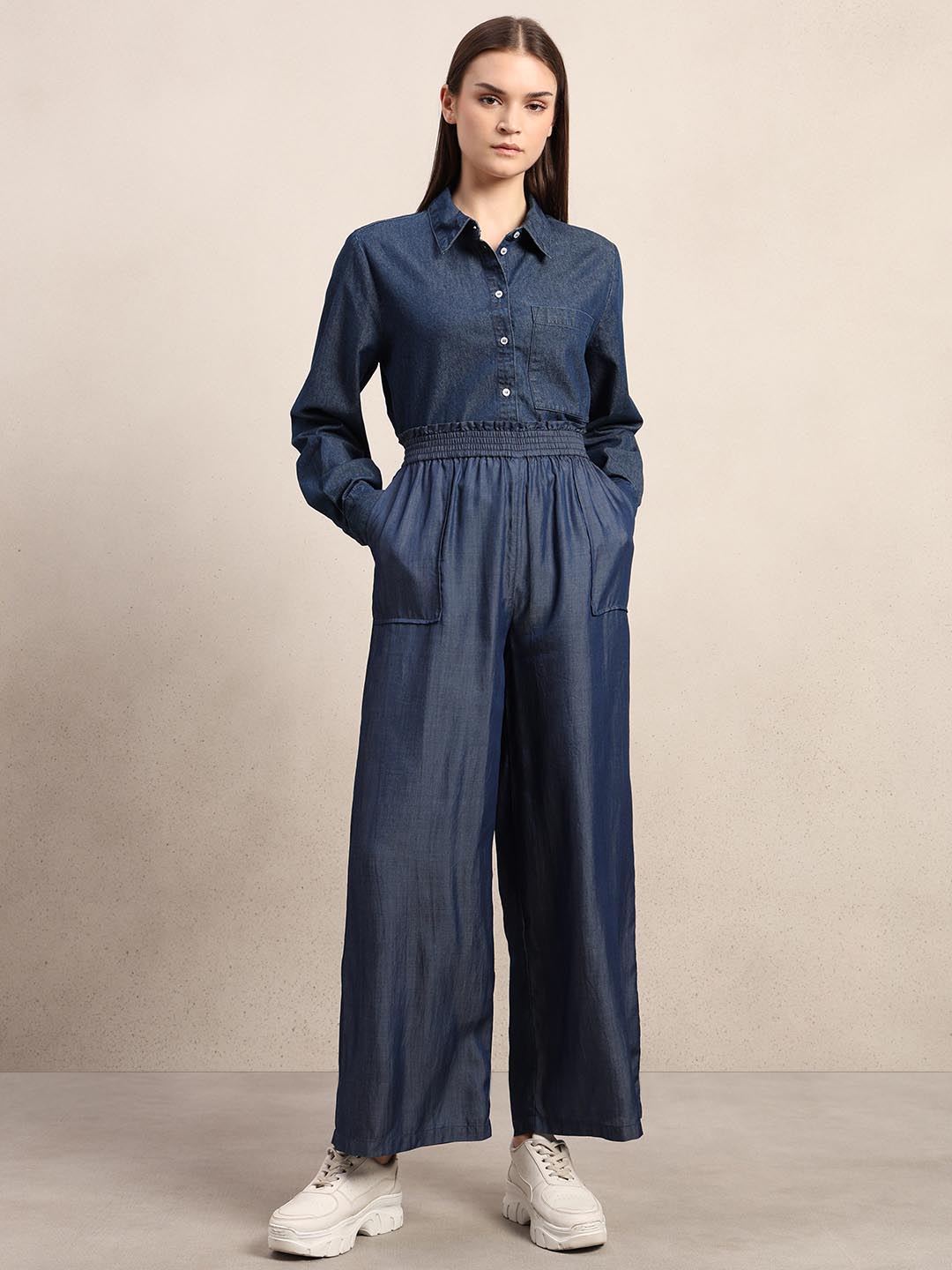 Blue High Rise Straight Fit Pants