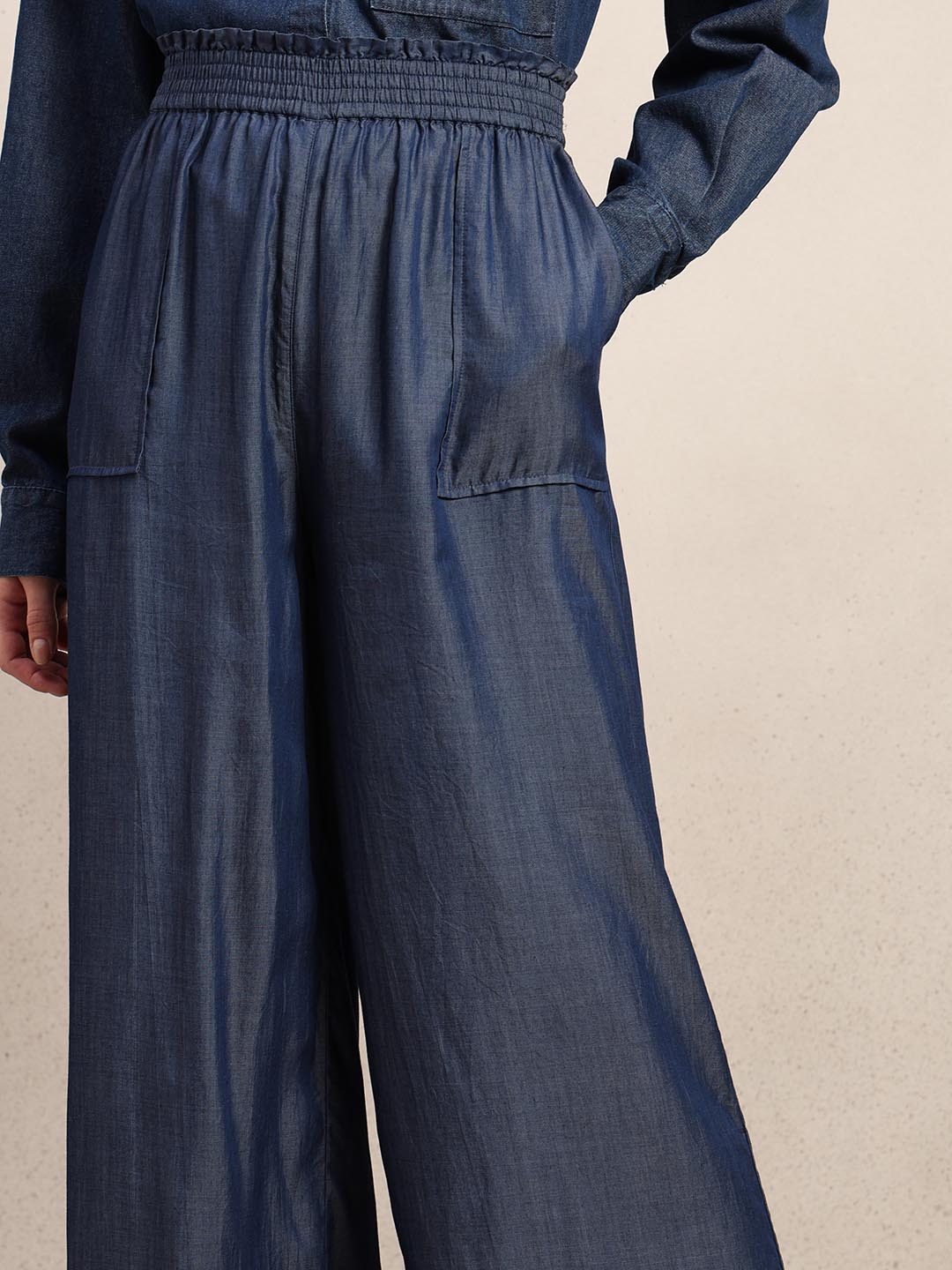 Blue High Rise Straight Fit Pants