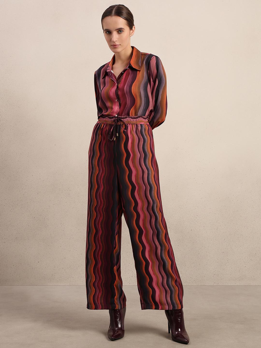 Maroon Printed Wide Leg Pants
