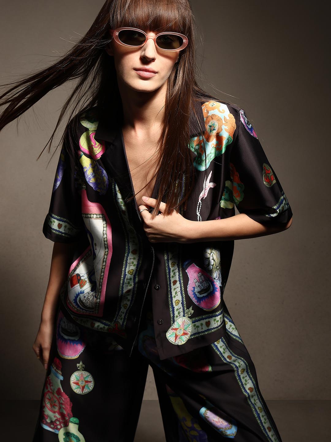 Black Printed V-Neck Shirt