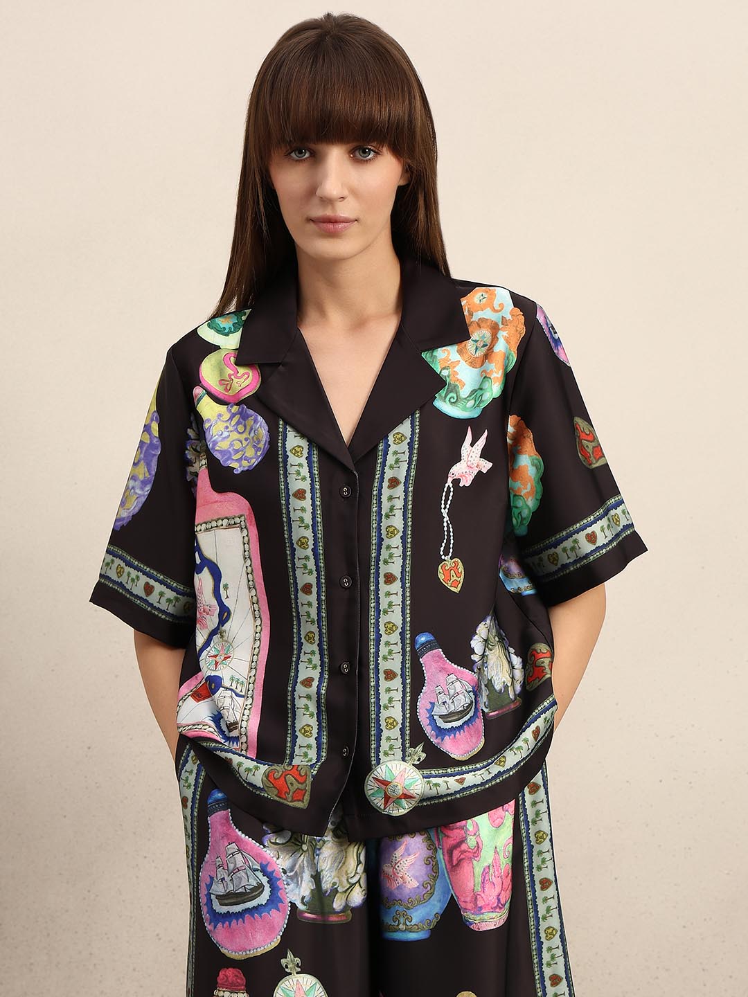 Black Printed V-Neck Shirt