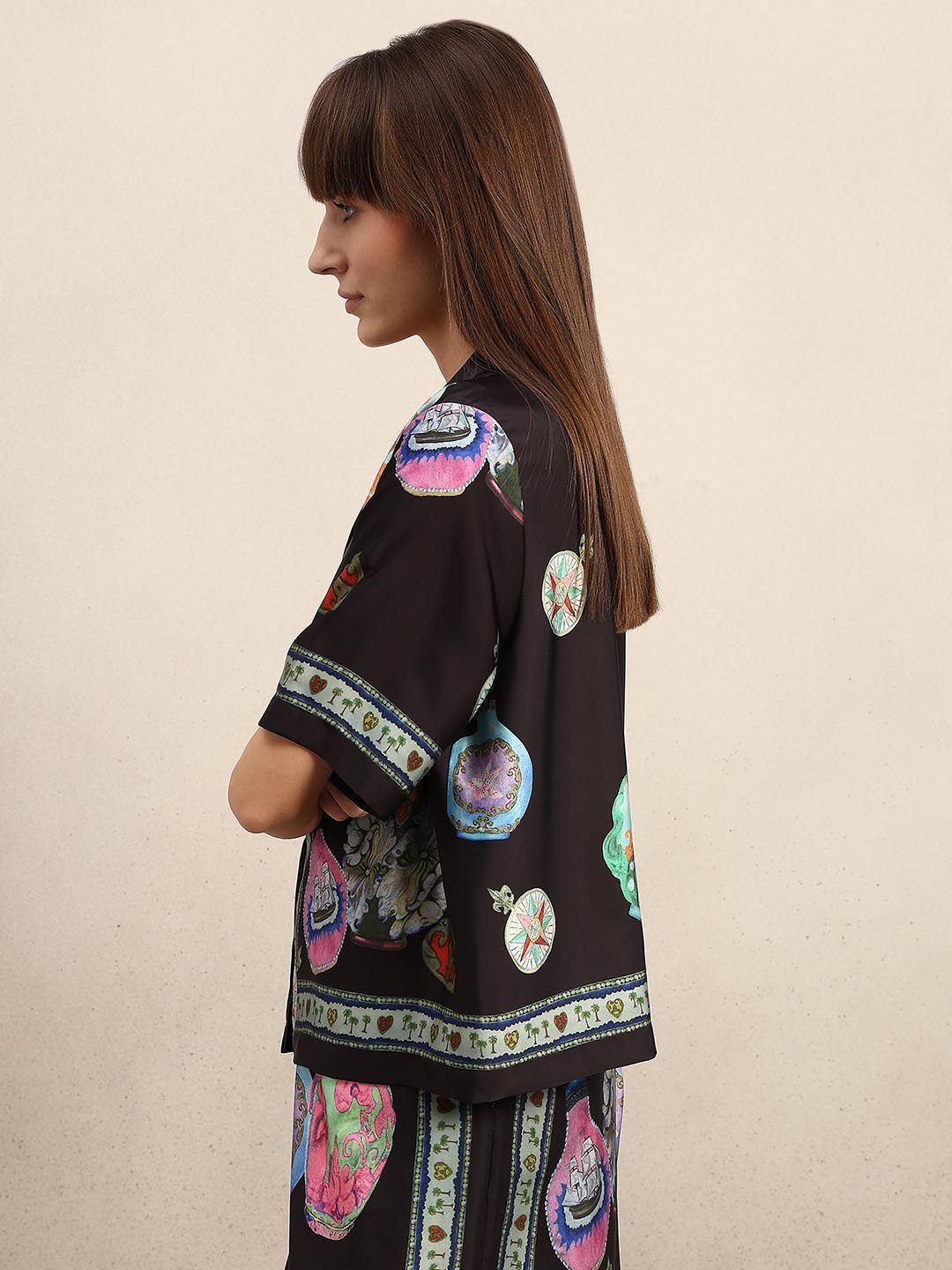 Black Printed V-Neck Shirt