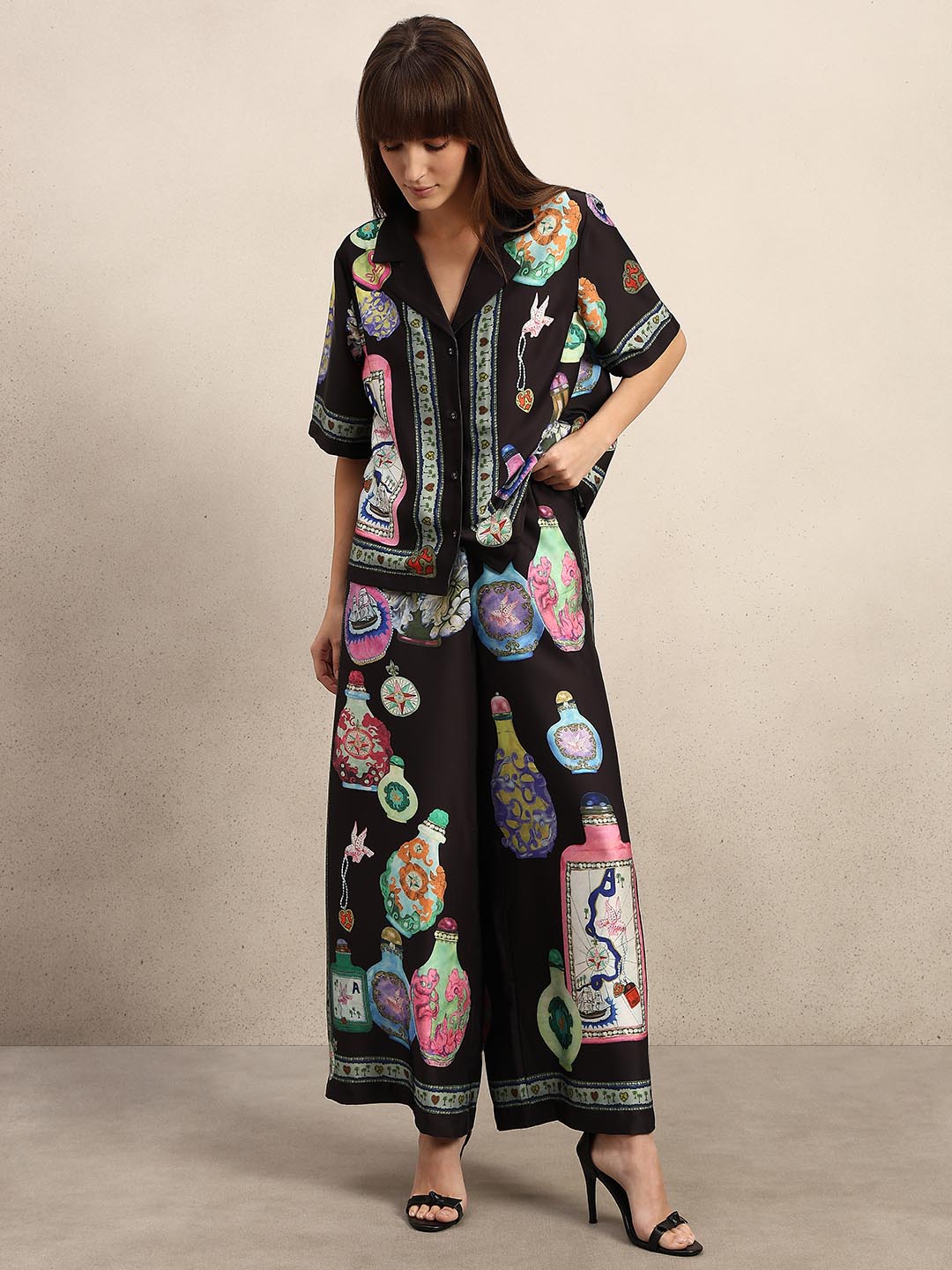 Black Printed V-Neck Shirt