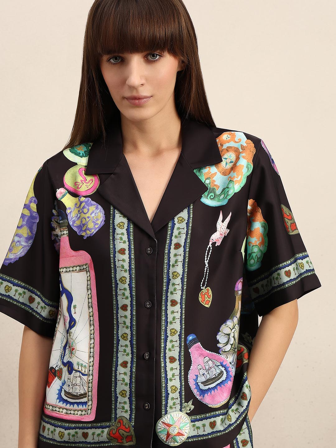 Black Printed V-Neck Shirt