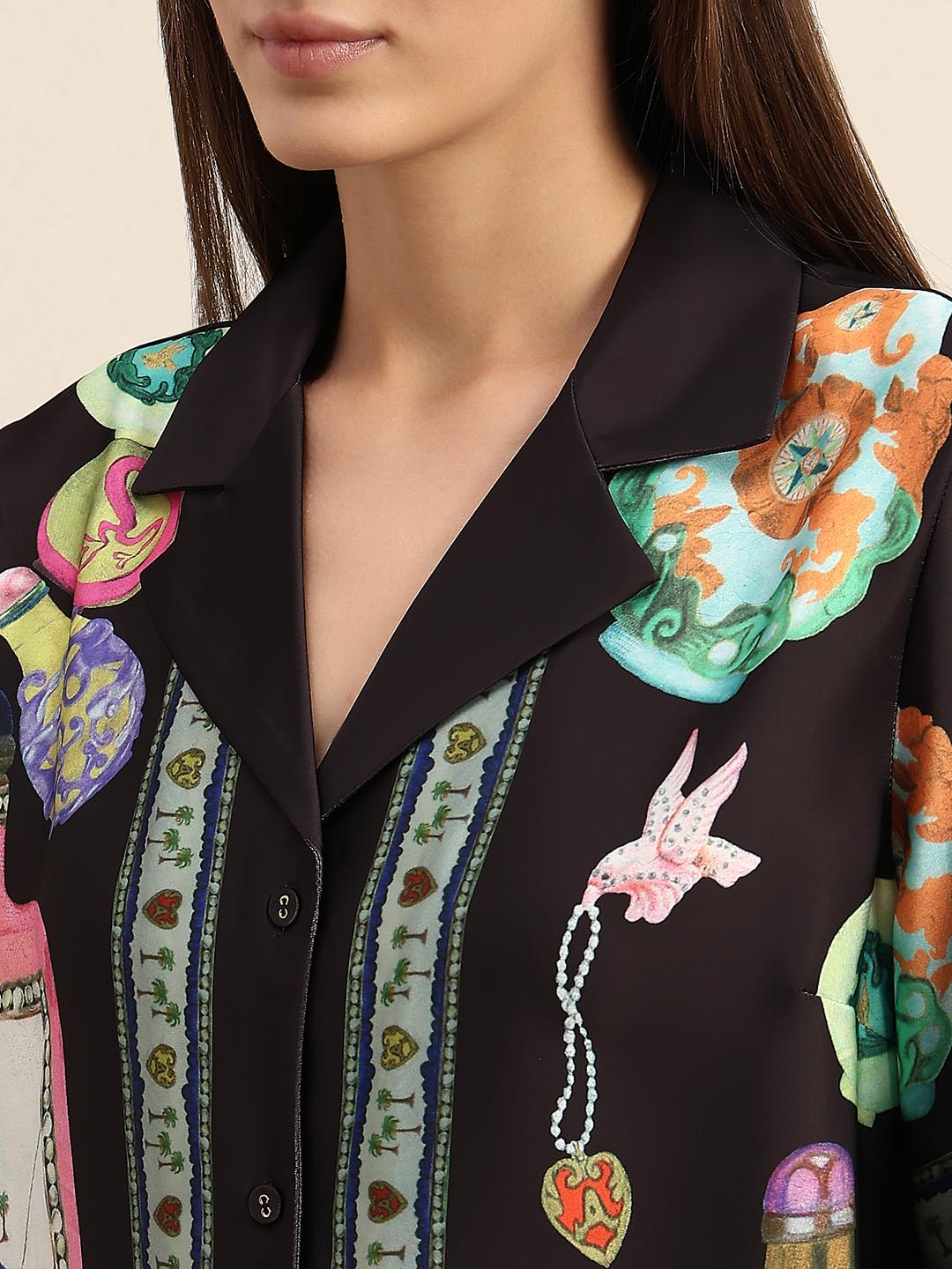 Black Printed V-Neck Shirt