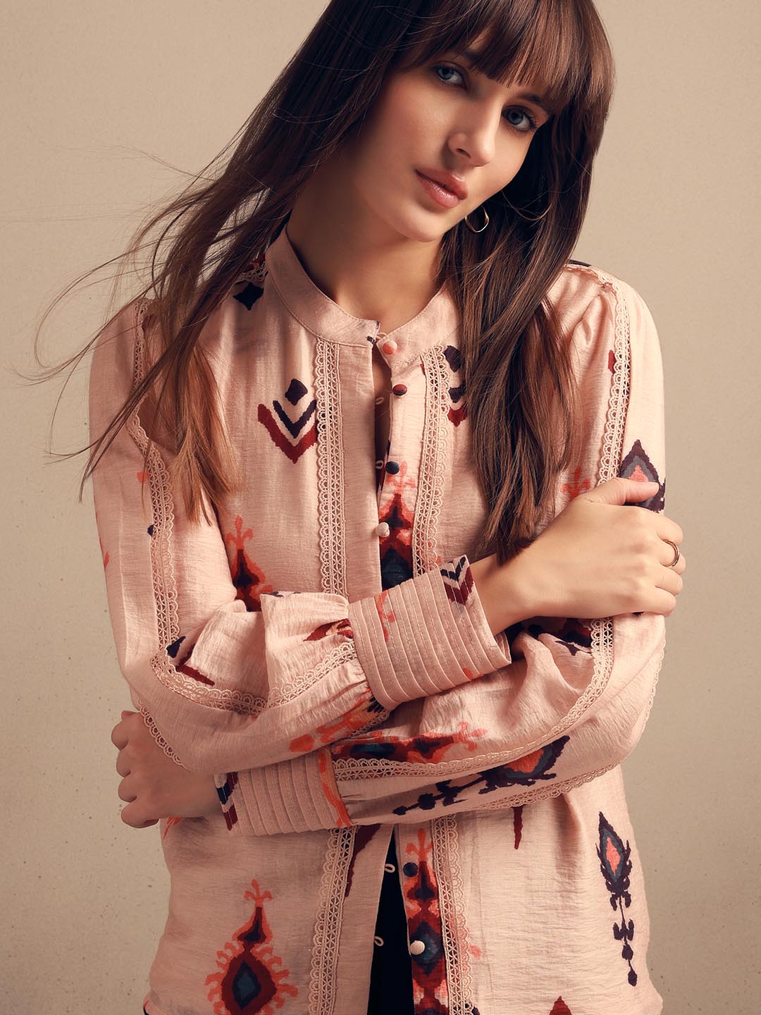 Pink Printed Lace Detail Shirt