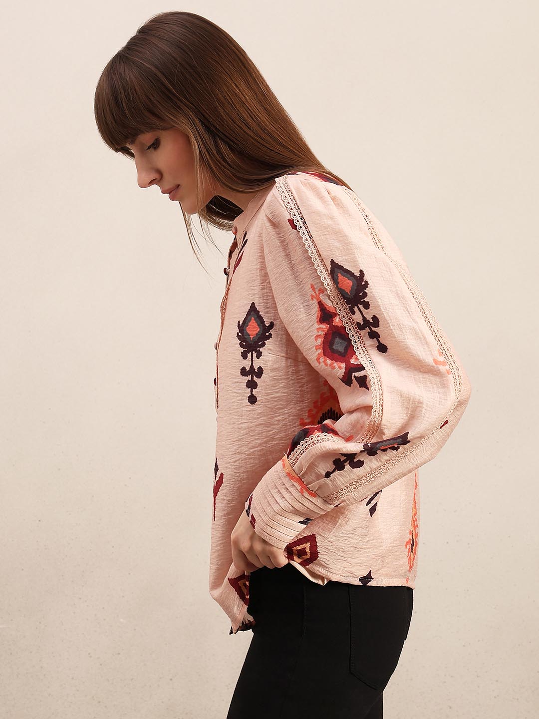 Pink Printed Lace Detail Shirt