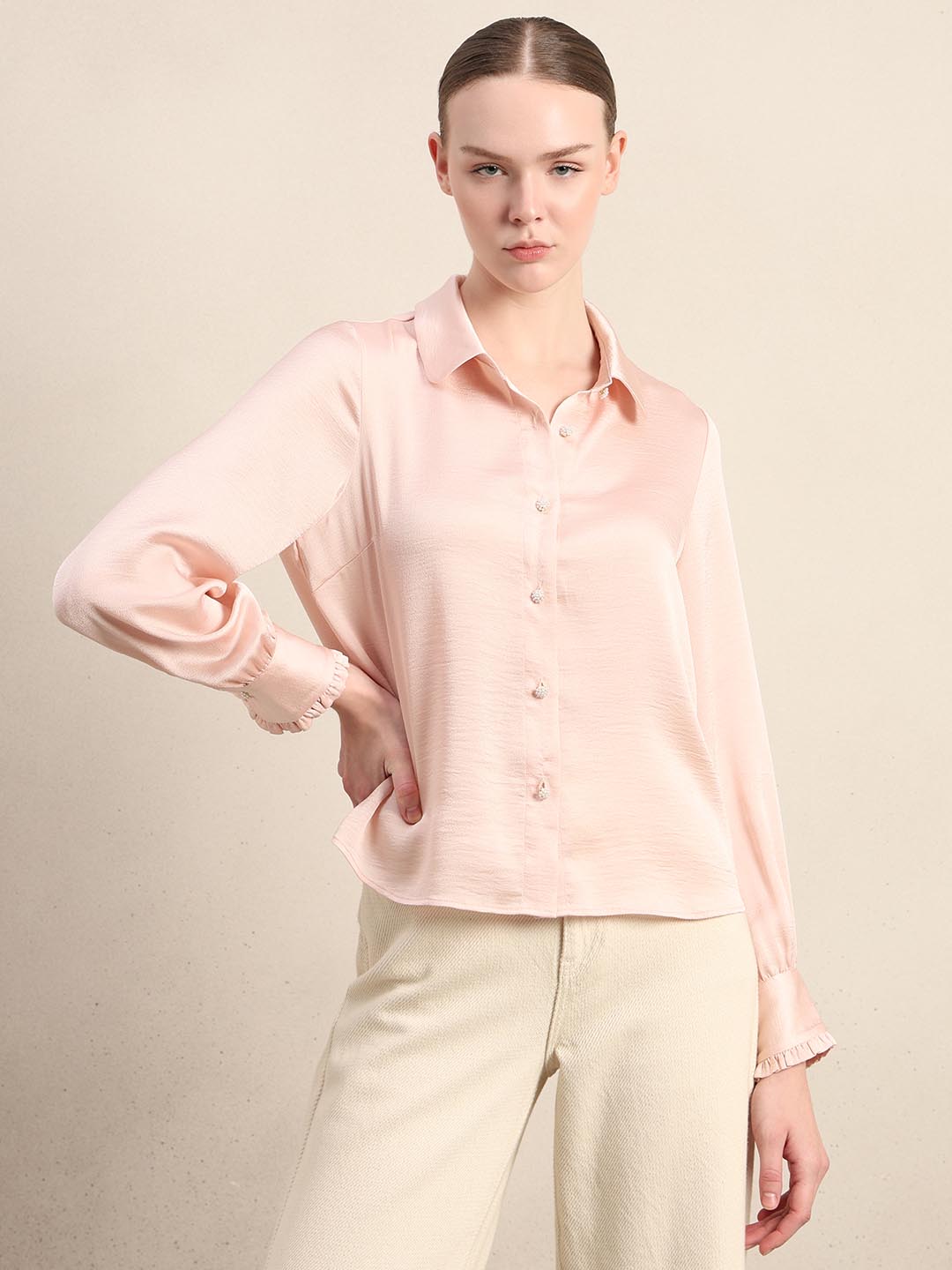 Pink Pearl Button Closure Satin Shirt