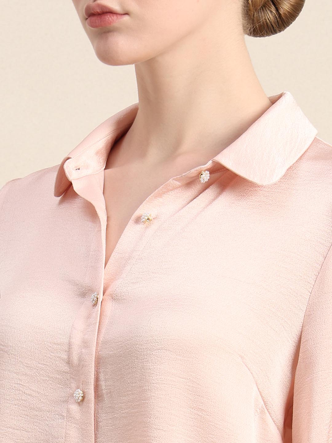 Pink Pearl Button Closure Satin Shirt