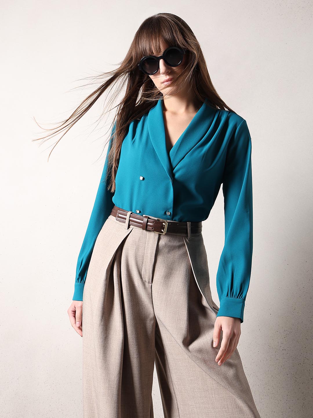 Teal Gathered Sleeves Top