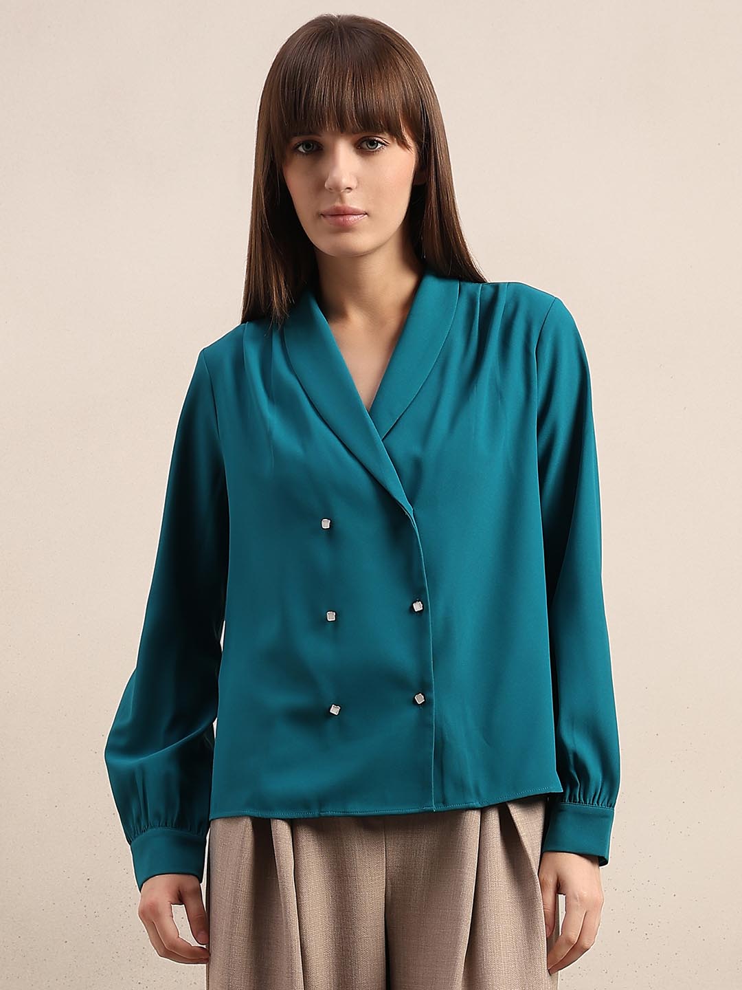 Teal Gathered Sleeves Top