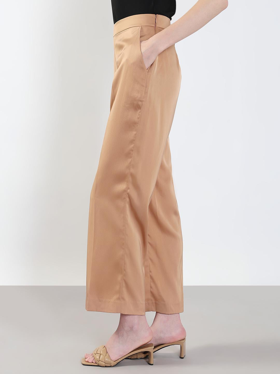 Beige High Rise Straight Fit Pants