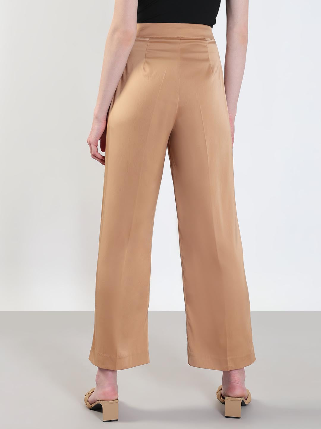 Beige High Rise Straight Fit Pants