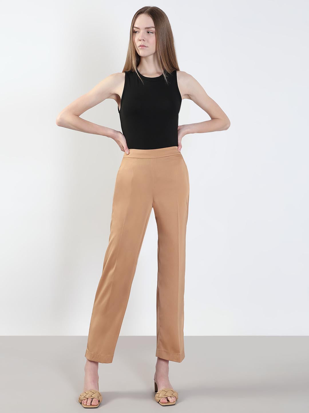 Beige High Rise Straight Fit Pants