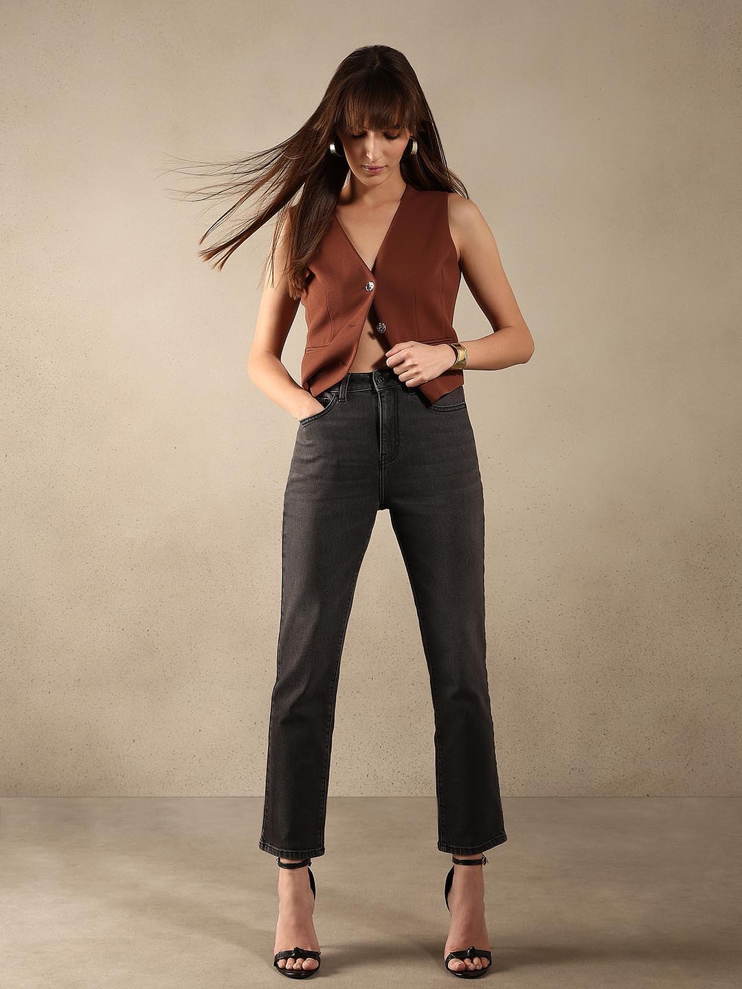 Dark Grey Mid Rise Straight Fit Jeans